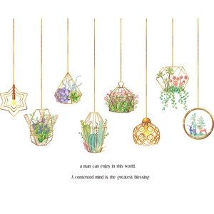 Nordic succulent plants wall stickers with watercolor geometric frames and hanging lights