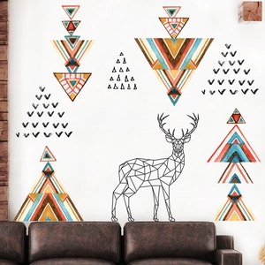 Modern geometric deer head wall decal with watercolor triangles for living room decor