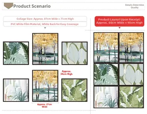 Detail of green leaf wall stickers showing layout dimensions and PVC material texture