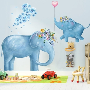 Cute elephant wall stickers with pink heart balloons and flower crowns for kids room