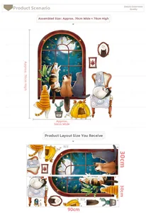 DIY cartoon cat wall sticker set showing 70x78cm layout and 90x30cm sheet dimensions