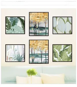 Set of six minimalist wall art prints featuring green tropical leaves and golden forest scenery