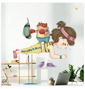 Detail of girl and cat doing planks on motivational wall sticker for office decor
