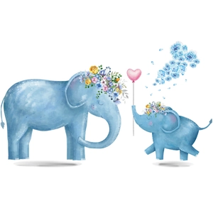 Watercolor nursery wall decal featuring baby elephants with floral crowns and pink balloons