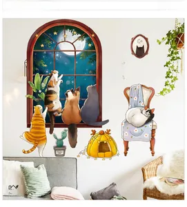 Detail of cartoon cat wall stickers featuring window views and a cozy pet tent setup