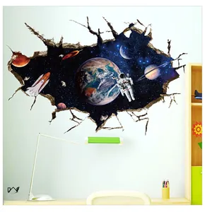 3D space wall sticker featuring an astronaut and shuttle with a realistic broken wall effect