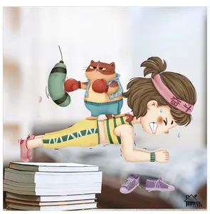 Detail of inspirational wall sticker featuring woman and cat exercising with motivational text