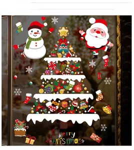 Detail showing Santa Claus and snowman window stickers with colorful Christmas tree