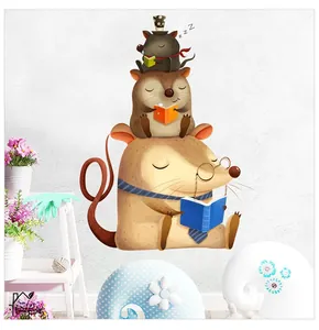 Detail of cartoon mice reading and sleeping wall sticker for nursery room decoration