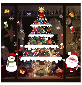 Cozy window display with Christmas tree, snowman, and Santa Claus stickers