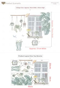 Detailed size chart for green plant wall sticker showing finished layout and dimensions
