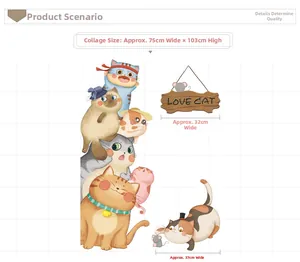 Cartoon cat wall stickers with LOVE CAT sign, layout size 75cm x 103cm for kids' room