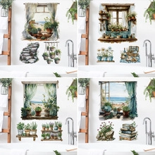 Detail of four watercolor wall stickers featuring faux windows and lush potted plants