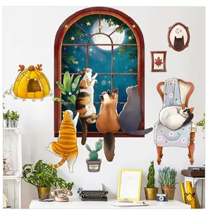 Detailed view of cat wall stickers set with night sky window and cute cartoon animals