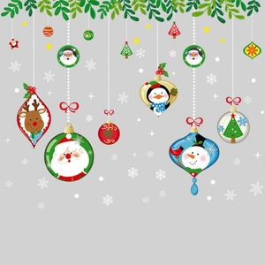 Christmas window stickers featuring hanging ornaments with Santa Claus and snowman motifs