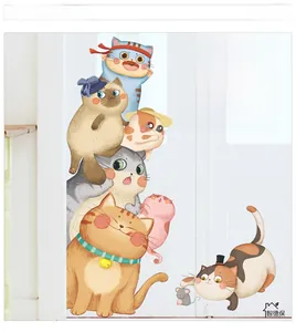 Cartoon cat wall stickers with LOVE CAT wooden sign and mouse for kids bedroom door