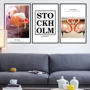 Three-piece Nordic flamingo wall art set with black frames and Stockholm typography