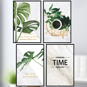 Sticker Mural Feuille de Monstera Tropicale Nordique PVC Imperméable Plante Verte Marbre Texte Décor pour Salon Chambre