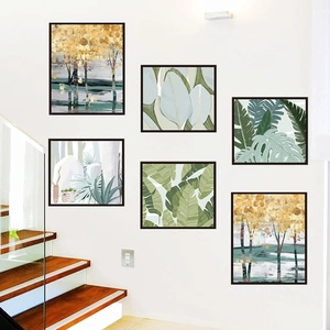 Modern 6-piece wall art set with green tropical leaves and golden forest scenery