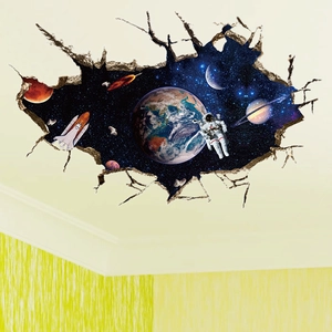3D outer space wall sticker featuring an astronaut and planets for home room decoration