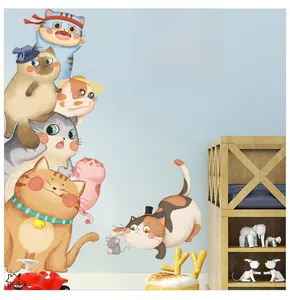 Detail of cartoon cat wall stickers set with kittens and mice for kids room decoration