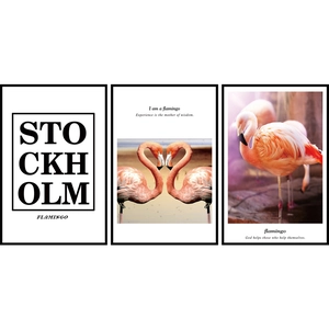 Three-piece Nordic flamingo wall art set with Stockholm print and heart motif poster