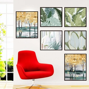6-piece wall art set featuring golden forest landscapes and tropical green plant leaves