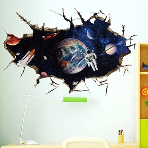 3D outer space wall sticker with astronaut and planets bursting through a cracked wall effect
