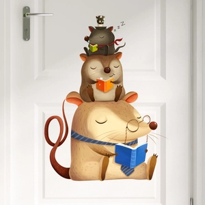 Cartoon Reading Mice Stacked Wall Sticker PVC Removable Waterproof Decal For Nursery Classroom Kids Bedroom Door Decor