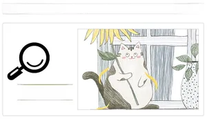 Detail showing a cartoon cat holding a sunflower with Nordic faux window line art