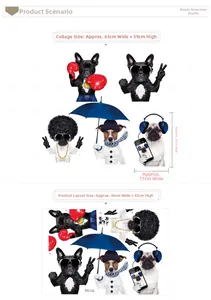 Detail of funny dog wall decals showing layout size 65x59cm and sheet size 60x45cm