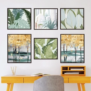 Set of 6 minimalist botanical wall art frames featuring green leaves and gold tree motifs