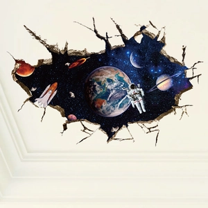3D outer space wall sticker featuring astronaut planets and broken wall visual effect