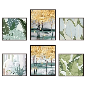 Modern 6-piece wall art set with tropical green leaves and golden abstract forest motifs