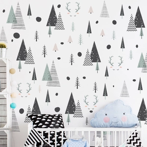 Stickers muraux nordiques avec sapins et rennes pour décoration de chambre d'enfant