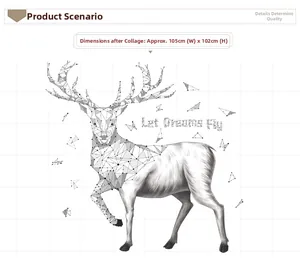 Detailed view of geometric deer wall sticker with Let Dreams Fly text, 105x102 cm size