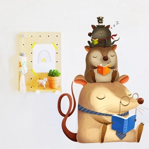 Cartoon wall decal with three cute mice reading books for nursery and kids' room decor