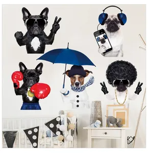 Detail showing 5 funny dog wall decals with creative outfits for pet shop or nursery