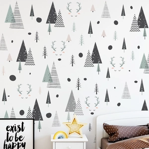 Stickers muraux style scandinave avec arbres et cerfs pour décoration de chambre d'enfant