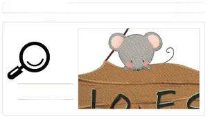 Detailed close-up of a cute gray cartoon mouse wall sticker with a wooden texture background