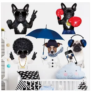 Detailed view of five anthropomorphic funny dog wall stickers on a white nursery room wall