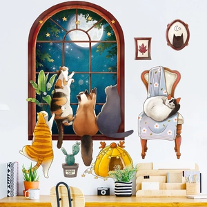 Cartoon cats and moon night sky window wall stickers for children bedroom decoration