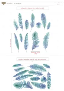 Blue watercolor feather wall stickers showing 86x91cm layout and 90x60cm original dimensions