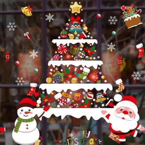 Christmas tree wall sticker with snowman and Santa Claus for festive window decoration