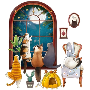 Cartoon cats and night sky window wall stickers for kids bedroom decor with hand-drawn art