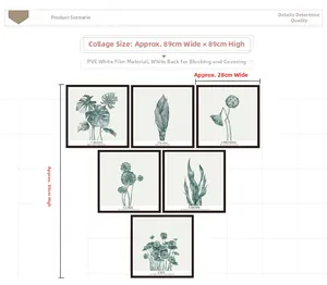 Détail de stickers muraux monstera en 6 pièces avec dimensions précises indiquées
