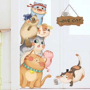 Cartoon Cat Wall Stickers PVC Removable DIY Wall Decal For Children Room Bedroom Door Decoration Cute Animal Mural Art