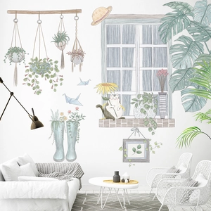 Nordic wall stickers with cats and potted plants for modern living room decor