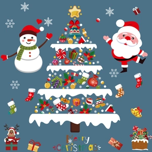 Cartoon Christmas wall stickers set with Santa, snowman and tree for festive room decoration