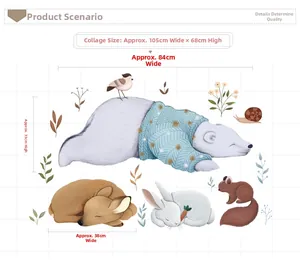 Detail view of cartoon bear and deer wall stickers with dimensions 105x68cm for home decor